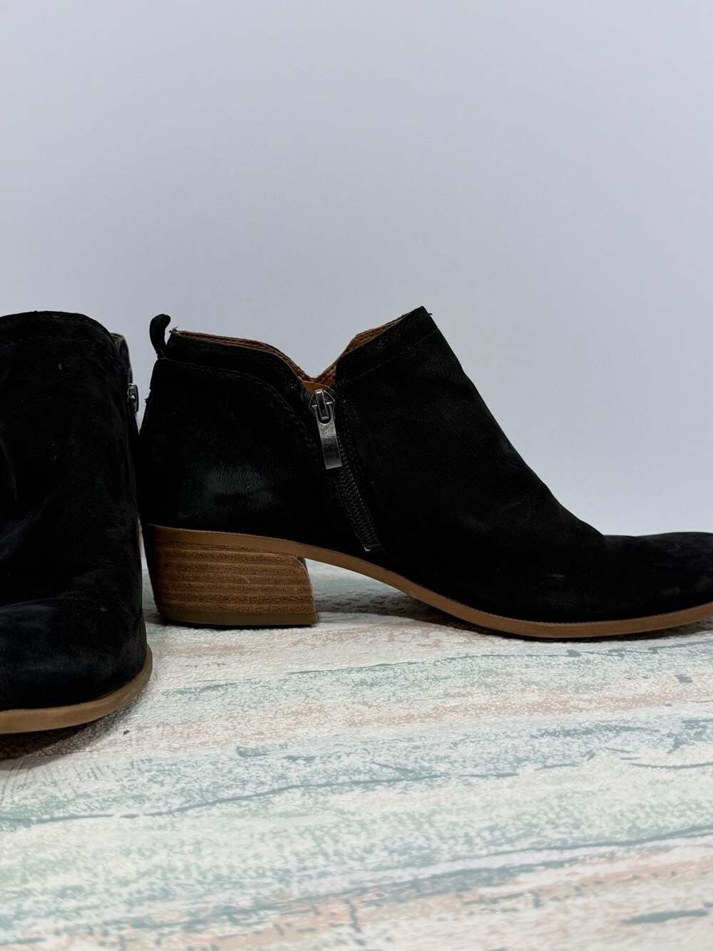 Franco Sarto Ankle Booties Black Suede Side Zip Block Heel